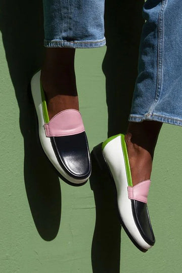 Multicolor Patchwork Round Toe White Loafers
