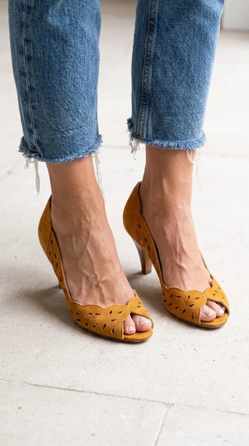 Scalloped Cutout Peep Toe Closed Back Mustard Heels