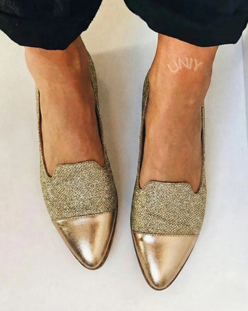 Shimmering Gold Glitter Metallic Cap Toe Pointed Loafers