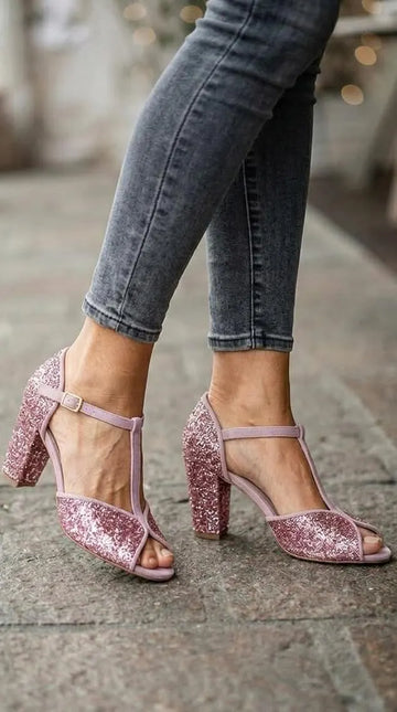 Glitter Peep Toe T-Strap Dusty Pink Chunky Heels