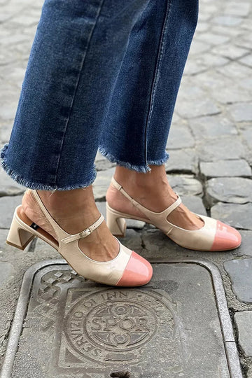 Buckle Slingback Strap Instep Colorblock Beige Chunky Heels