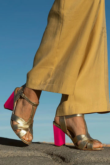 Color Matching T-Strap Peep Toe Hollowed Gold Chunky Heels