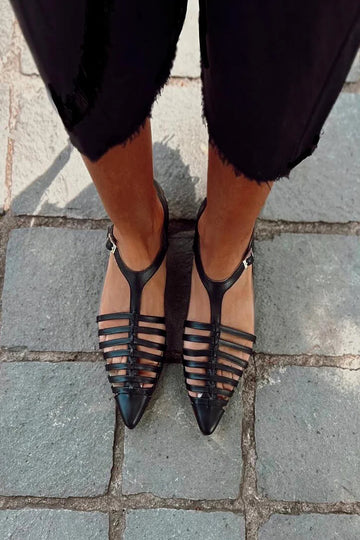 T-Strap Buckle Hollow Out Pointed Toe Black Flats