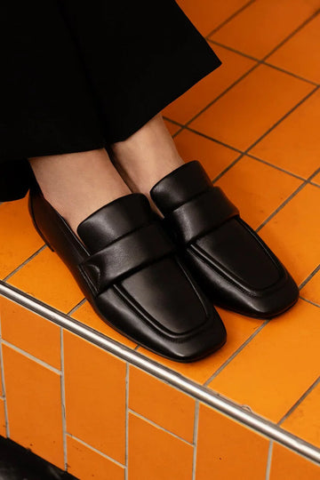 Solid Color Patchwork Square Toe Black Loafers