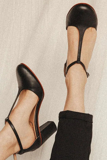 Round Toe Plain T-Strap Buckle Black Chunky Heels
