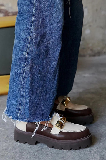 Metallic Studded Colorblock Round Toe White Loafers
