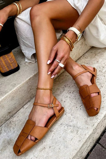 Classic Square Toe Solid Color Woven Brown Out Hollow Sandals