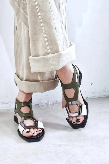Chic Multi Color Block Geometric Cutout Square Toe Sandals