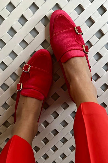 Patchwork Buckles Solid Color Round Toe Red Loafers