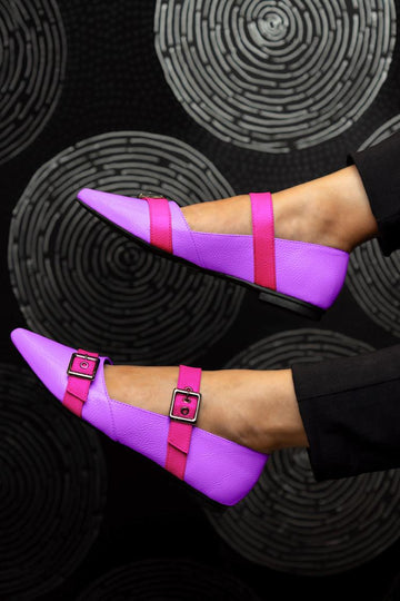 Colorblock Two Strap Buckle Pointed Toe Purple Flats