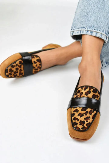 Brown Print Patchwork Square Toe Leopard Loafers