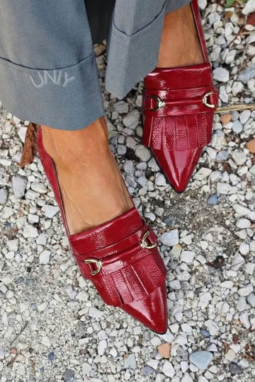 Red Patent Leather Pointed Toe Horsebit Kiltie Flat Loafers