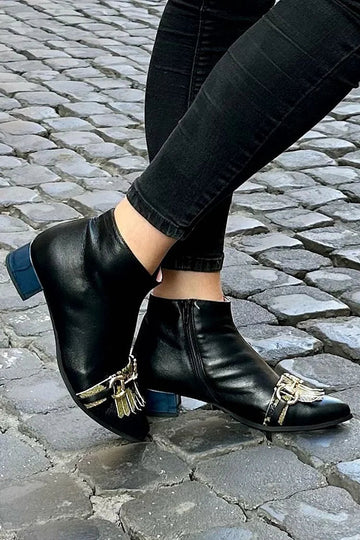 Metal Buckle Fringe Pointed Toe Black Chunky Heels Boots