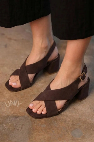 Dark Brown Crisscross Strap Block Heel Square Toe Sandals