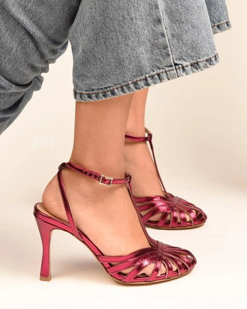 Metallic Burgundy Retro T-Strap Strappy High Heel Sandals