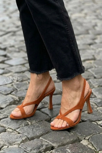 Chic Brown Suede Cross Strap Flared Heel Sandals