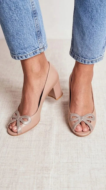 Bow Detail Peep Toe Pump Nude Chunky Heels