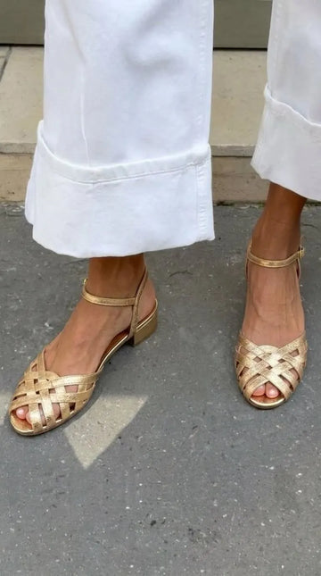 Metallic Woven Peep Toe Ankle Strap Gold Block Heels