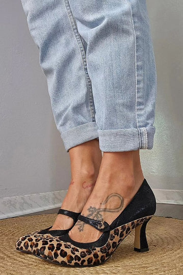 Leopard Print Patchwork Instep Strap Black Chunky Heels