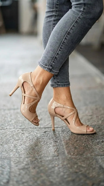 Nude Patent Peep Toe Cutout Nude Stiletto Heels