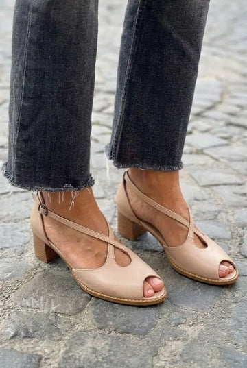 Nude Leather Peep Toe Crisscross Block Heels