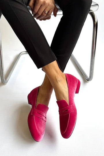 Solid Color Patchwork Round Toe Fuchsia Loafers