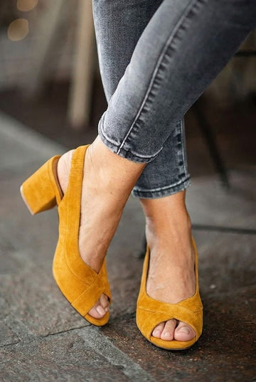 Suede Crisscross Peep Toe Slingback Mustard Chunky Heels