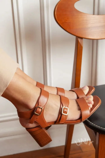 Chic Brown Leather Multi-strap Double Buckle Block Heel Sandals