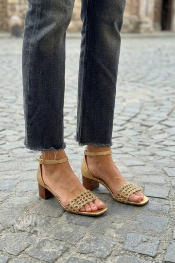 Elegant Gold Lattice Square Toe Ankle Strap Sandals