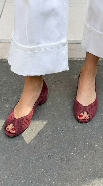 Perforated Suede Peep Toe Closed Back Burgundy Block Heels