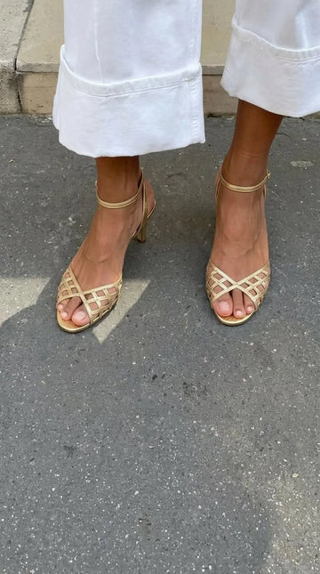 Metallic Caged Open Toe Ankle Strap Gold Stiletto Heels