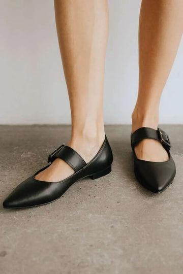 Leather Buckle Strap Pointed Toe Mary Jane Flats