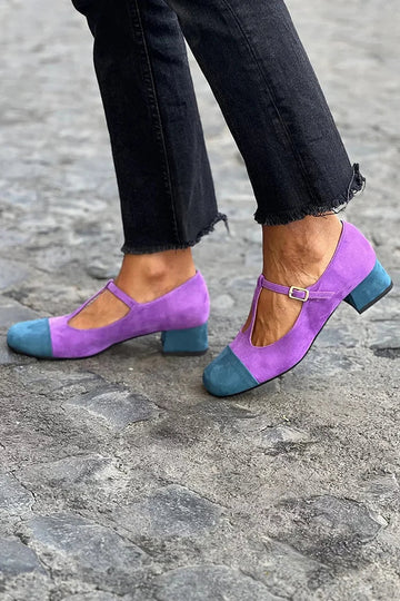 Color Block Buckle Instep Strap Purple Chunky Heels