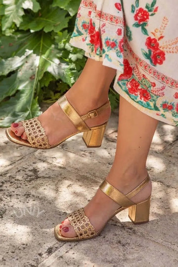 Chic Gold Metallic Woven Strap Block Heel Sandals